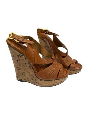 Chloe Renna Cognac Brown Leather Cork Platform Wedge Slingback Buckle Sandals